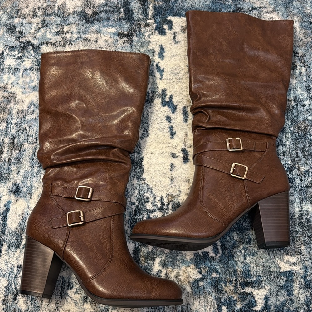 Mid Knee High Boots Chunky Heel